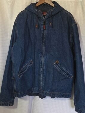 Vtg WRANGLER RIGGS Workwear Insulated Denim Hooded Full Zip Coat Jacket Mens 2XT